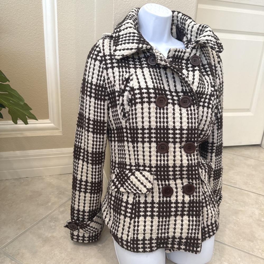 Oleg‎ Cassini Brown Plaid Pea Coat Detachable Hood Double Breasted Textured Sz L